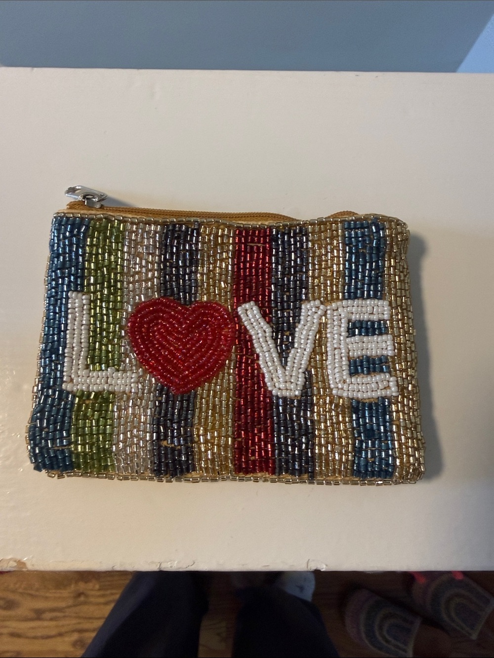 Anthropologie Multicolor Beaded LOVE Zip Pouch with Red Heart